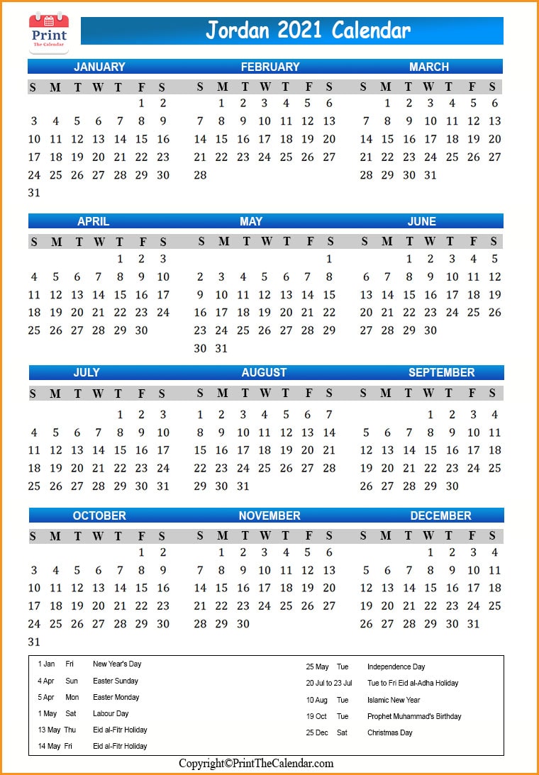 Jordan Calendar 2021